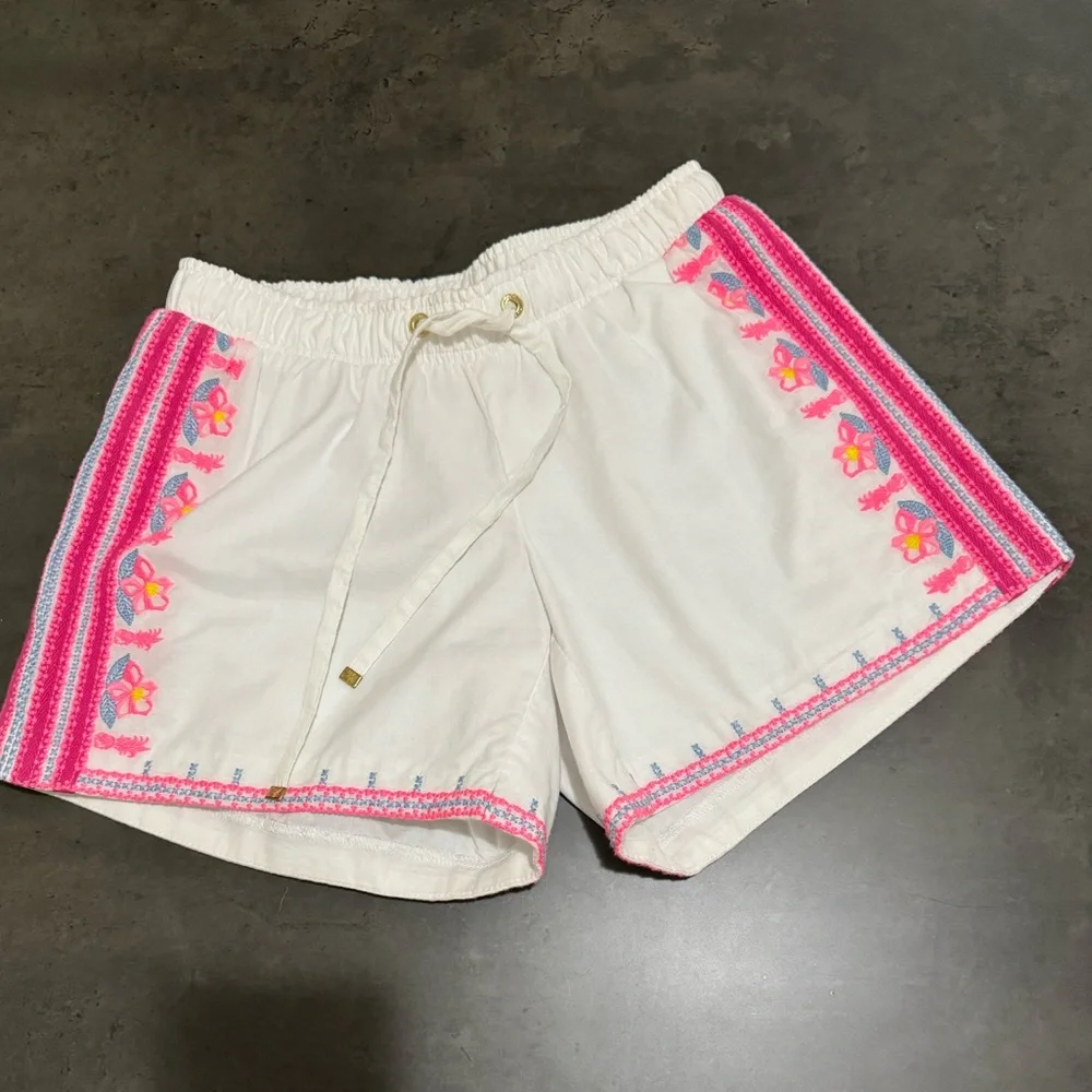 LILLY PULITZER Katia Embroidered Draw String Shorts XXS White & Pink. C4